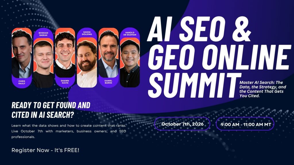 AI SEO & GEO Online Summit banner, October 7, 2026, hosted by Chris Raulf